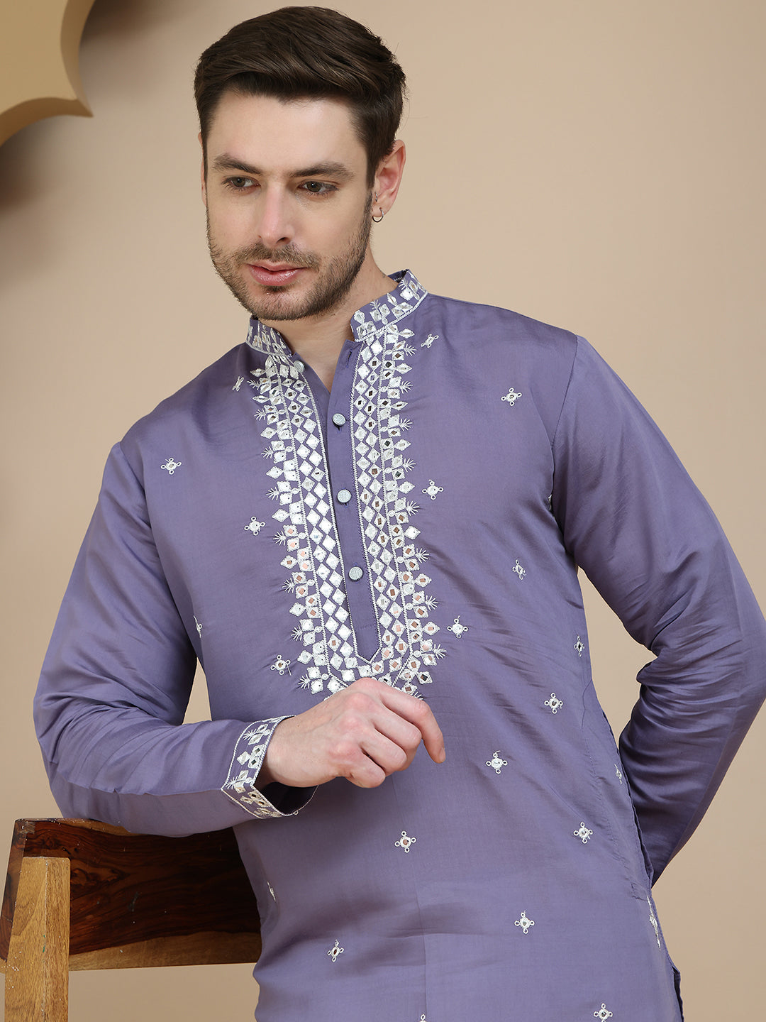 DesiQlo Men Embroidered Kurta Pyjama Set - Purple - JOKP_P_5045Purple_