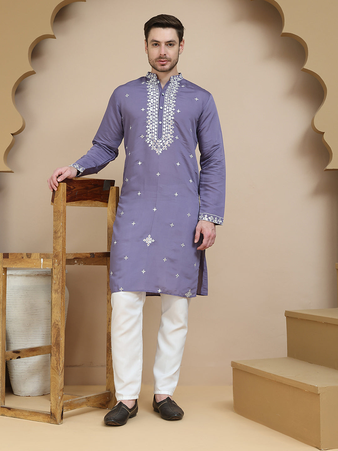 DesiQlo Men Embroidered Kurta Pyjama Set - Purple - JOKP_P_5045Purple_