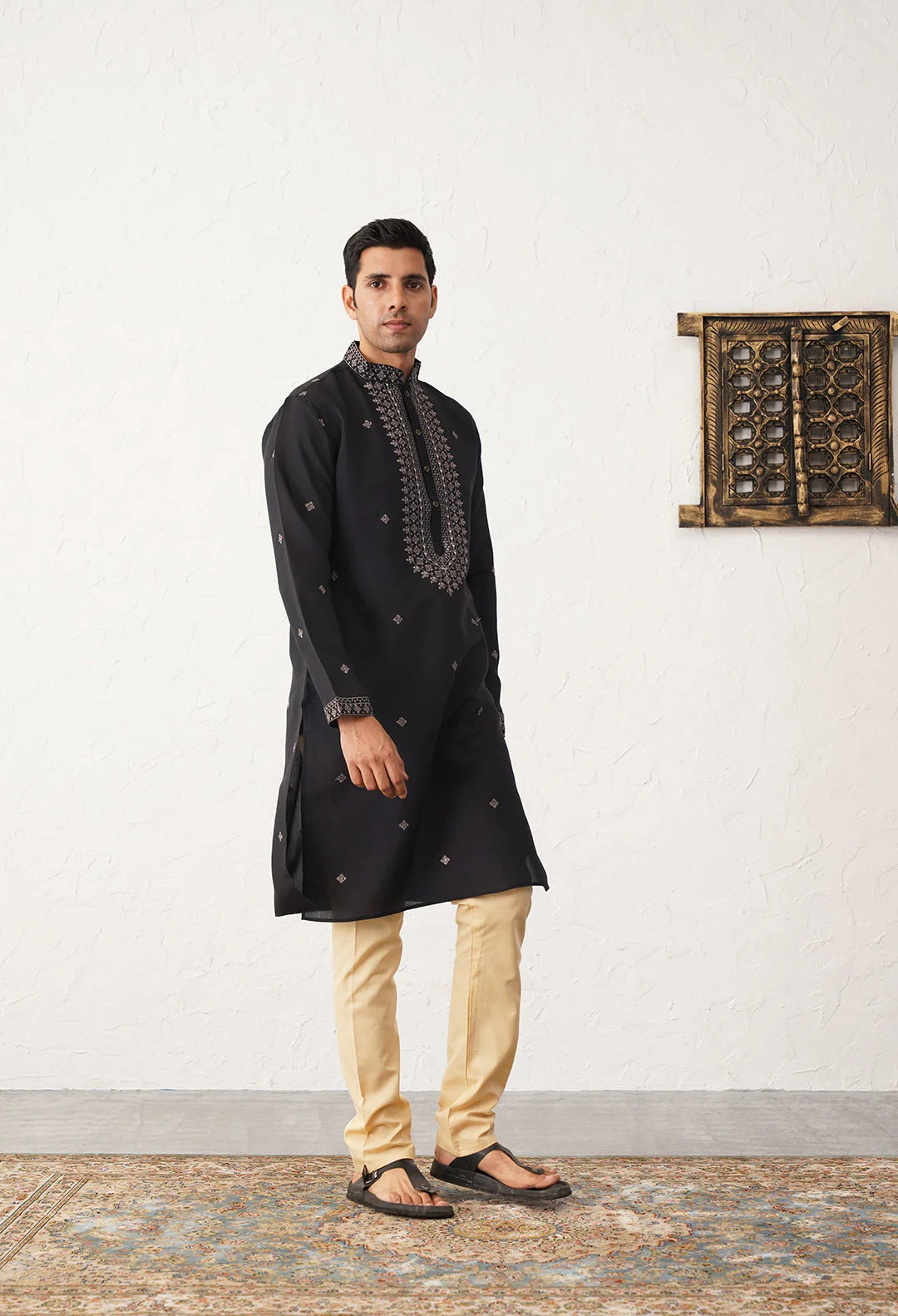 Black Sequins Embroidered Mens Kurta Pajama Set - Cotton Silk