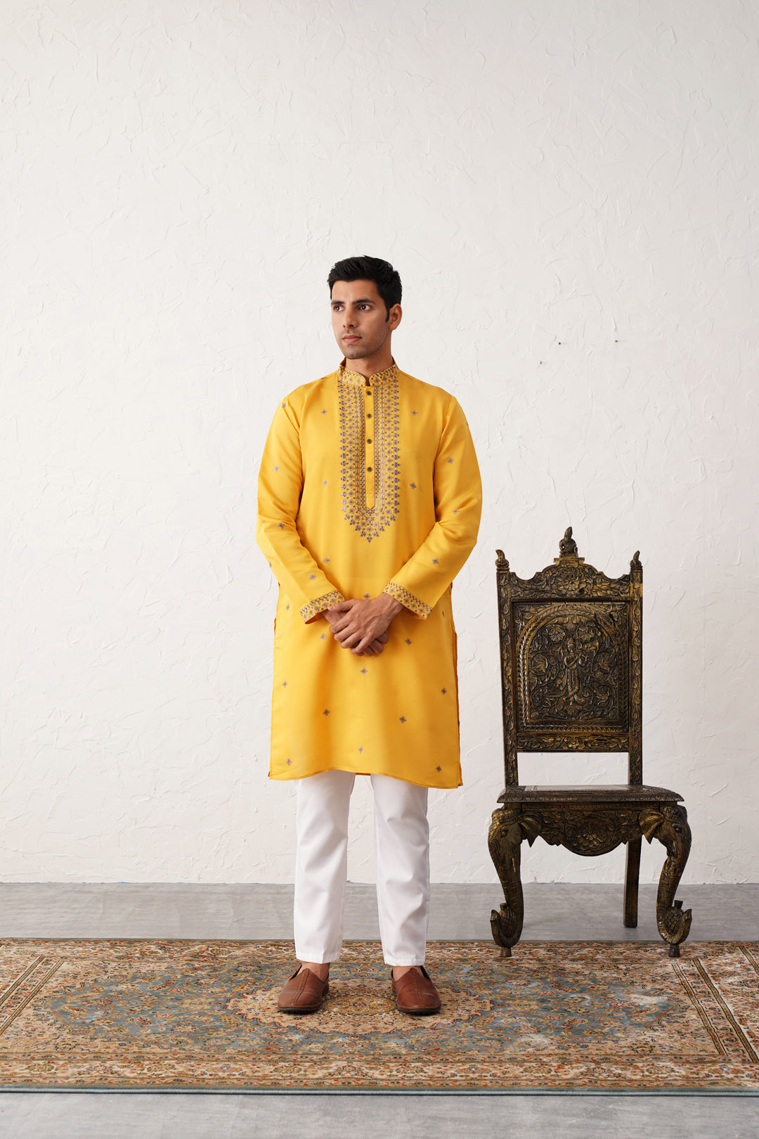 Yellow Sequins Embroidered Mens Kurta Pajama Set - Cotton Silk