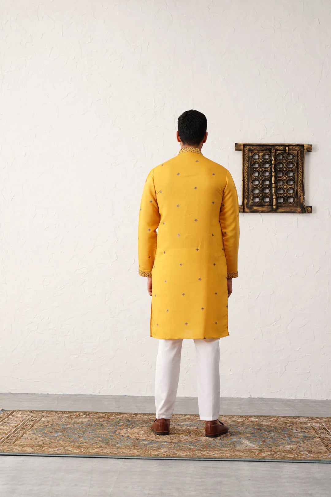 Yellow Sequins Embroidered Mens Kurta Pajama Set - Cotton Silk