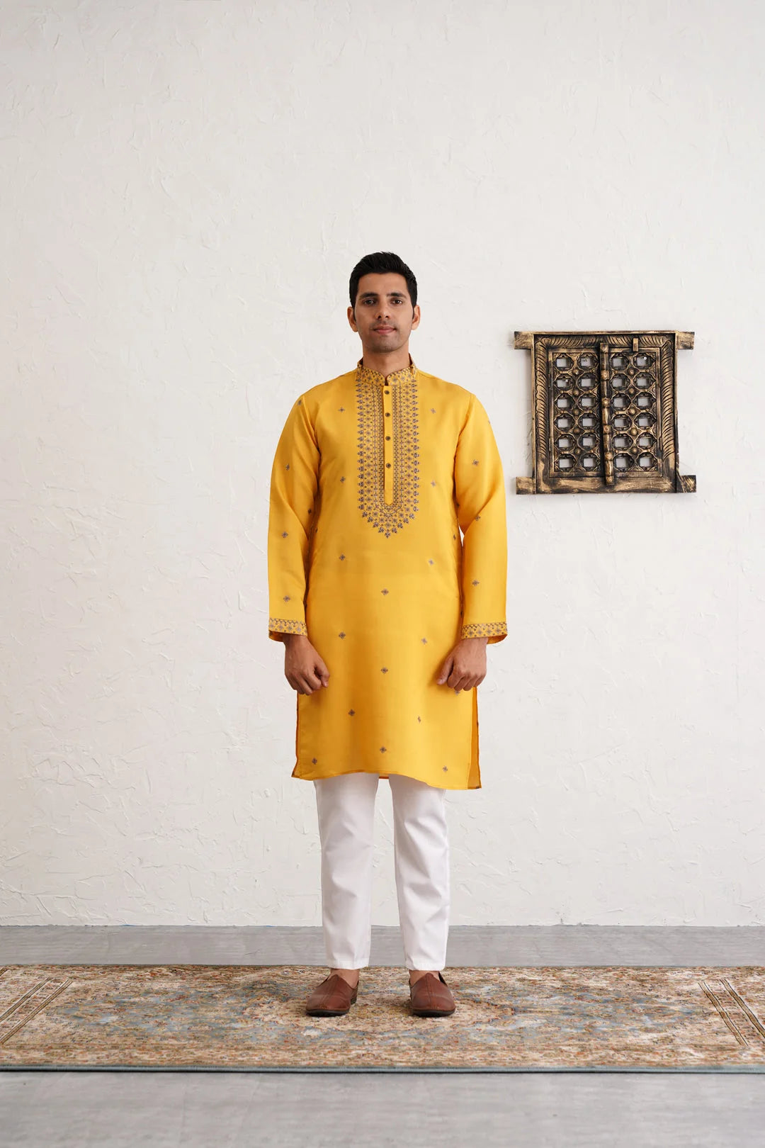 Yellow Sequins Embroidered Mens Kurta Pajama Set - Cotton Silk