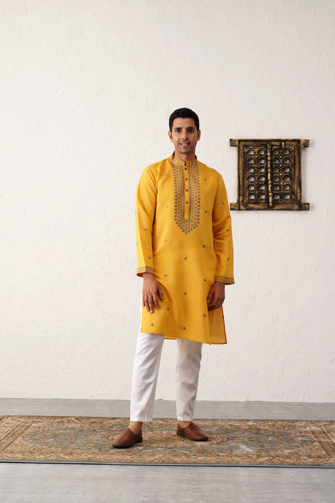 Yellow Sequins Embroidered Mens Kurta Pajama Set - Cotton Silk
