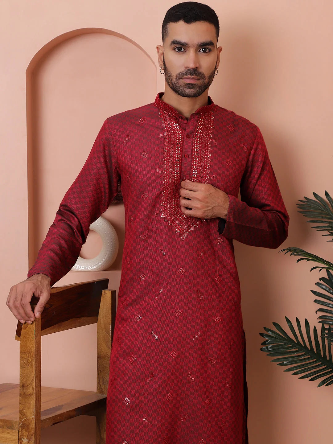 Maroon Embroidered Mens Kurta Pajama Set | Ethnic Wear
