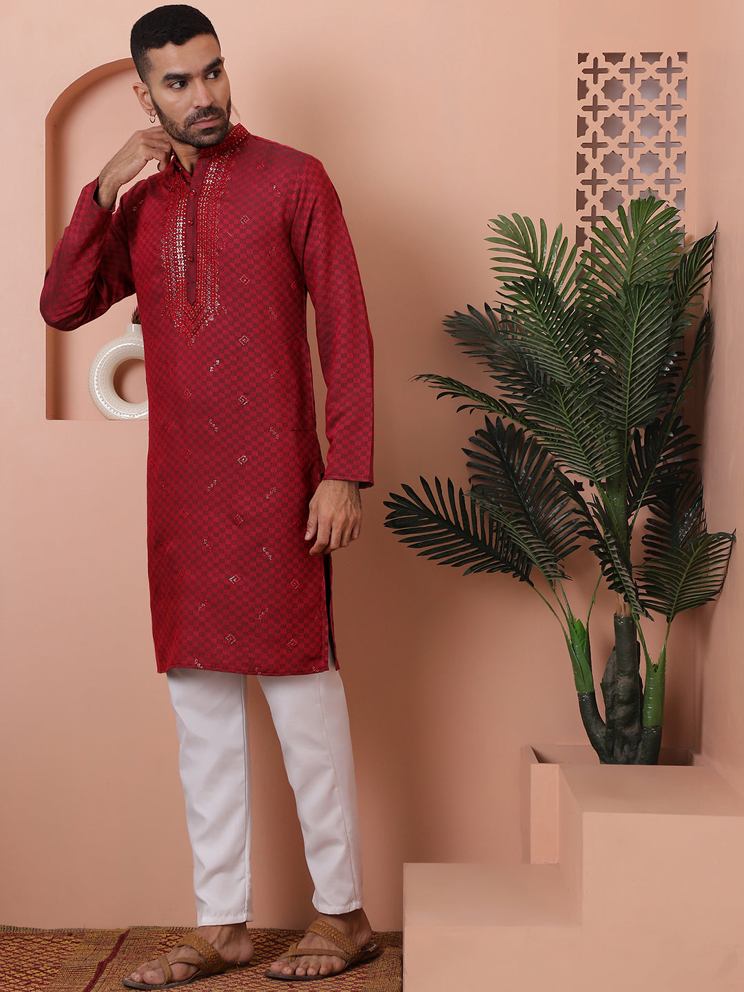 Maroon Embroidered Mens Kurta Pajama Set | Ethnic Wear