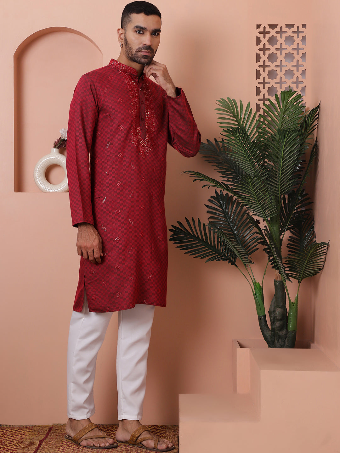 Maroon Embroidered Mens Kurta Pajama Set | Ethnic Wear