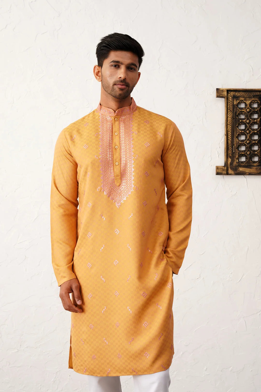Orange Sequins Embroidered Mens Kurta Pajama Set - Cotton Silk