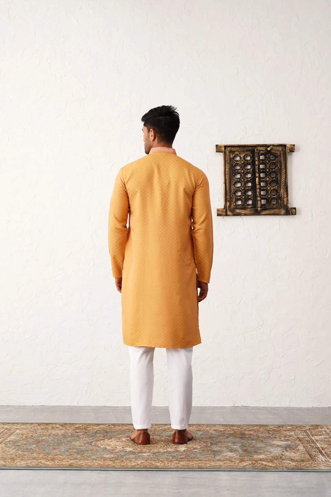 Orange Sequins Embroidered Mens Kurta Pajama Set - Cotton Silk