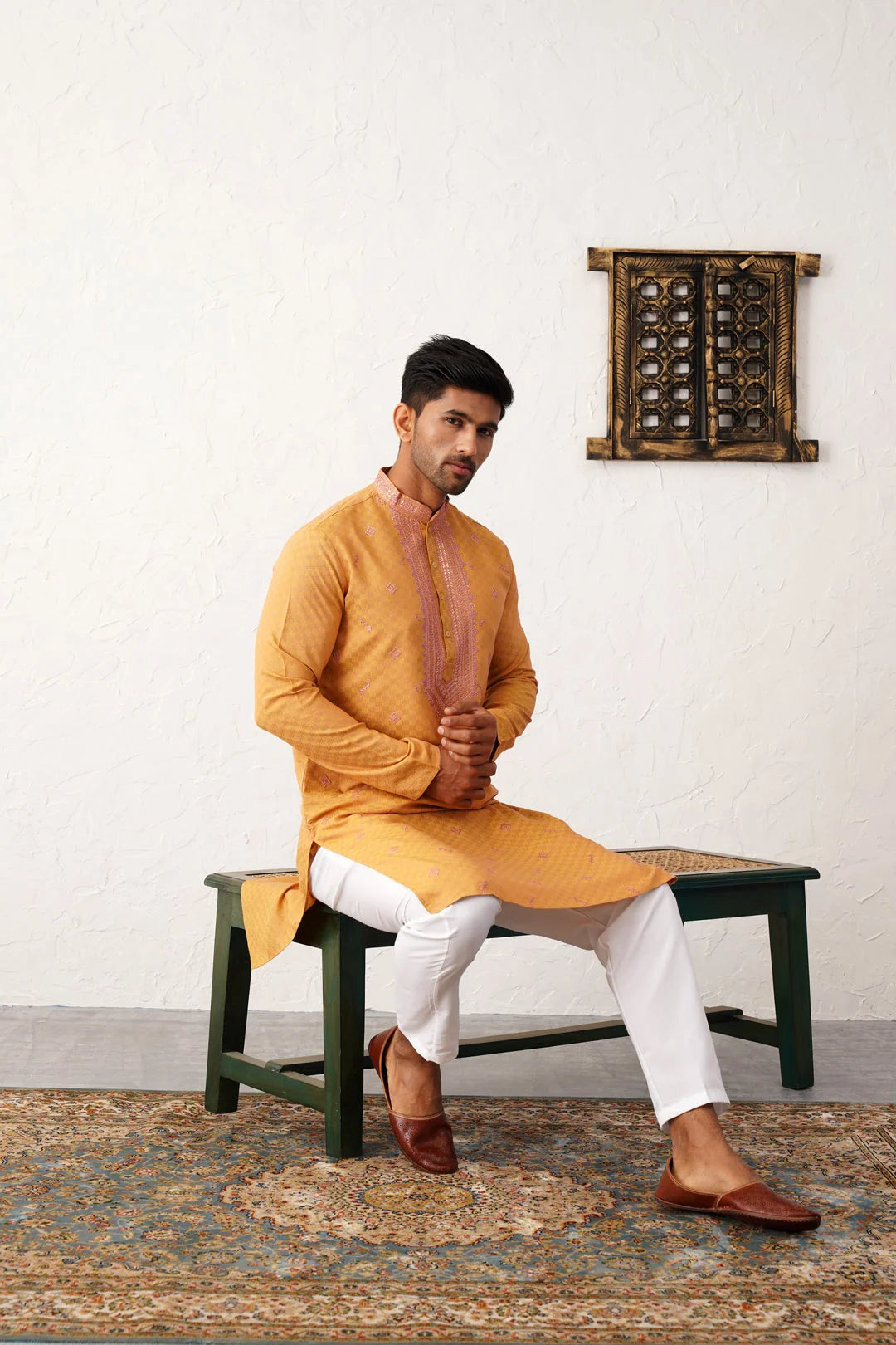 Orange Sequins Embroidered Mens Kurta Pajama Set - Cotton Silk