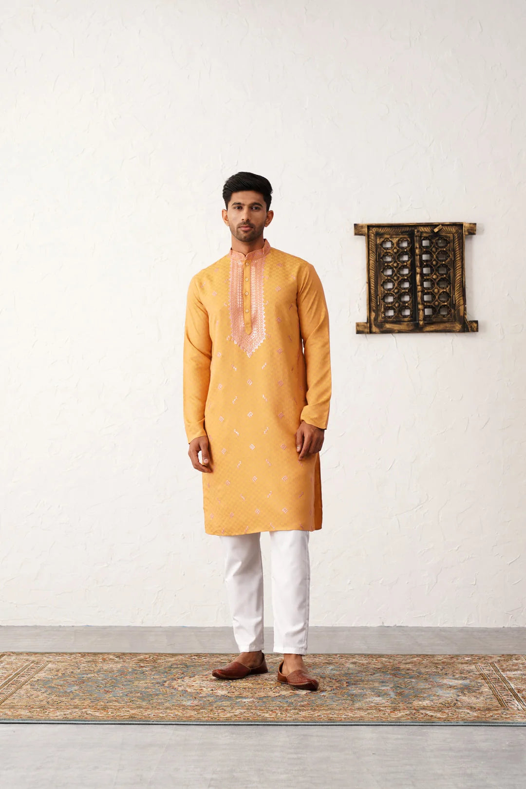 Orange Sequins Embroidered Mens Kurta Pajama Set - Cotton Silk