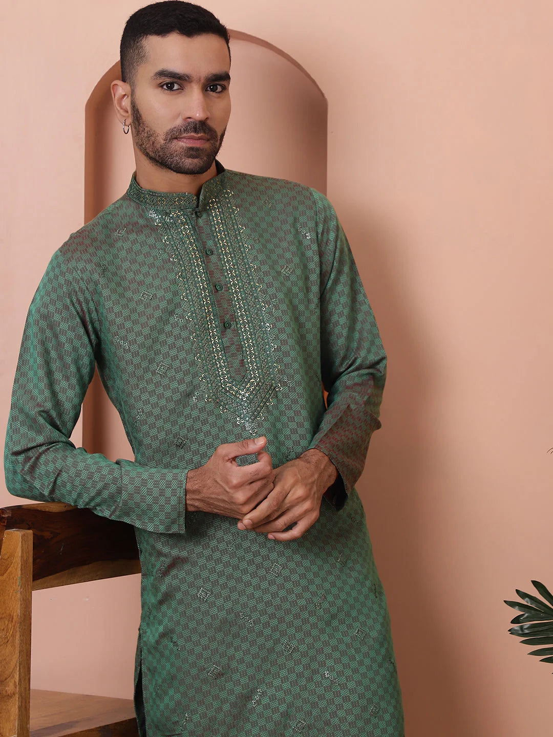 Green Embroidered Mens Kurta Pajama Set | Ethnic Outfit
