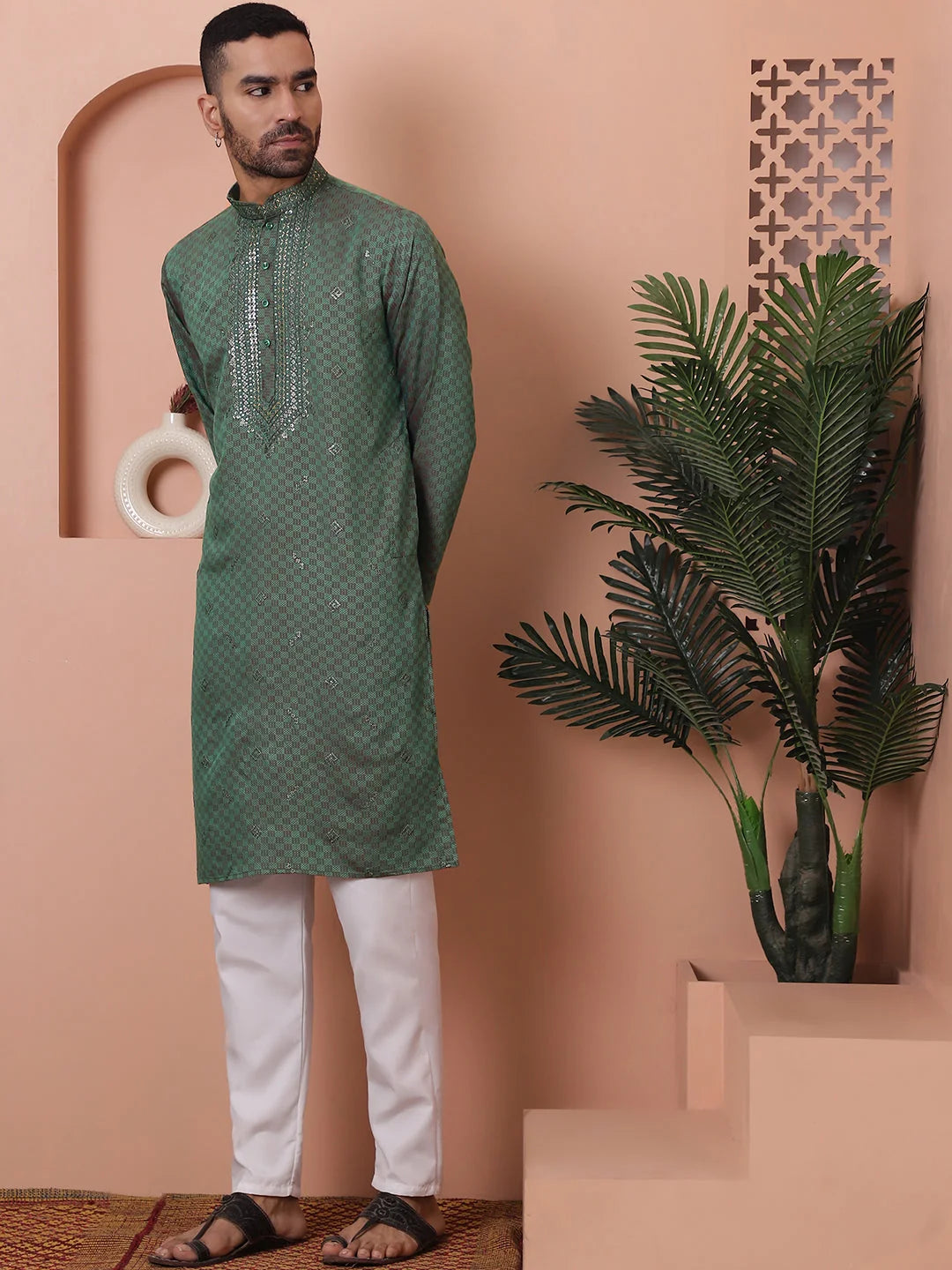 Green Embroidered Mens Kurta Pajama Set | Ethnic Outfit