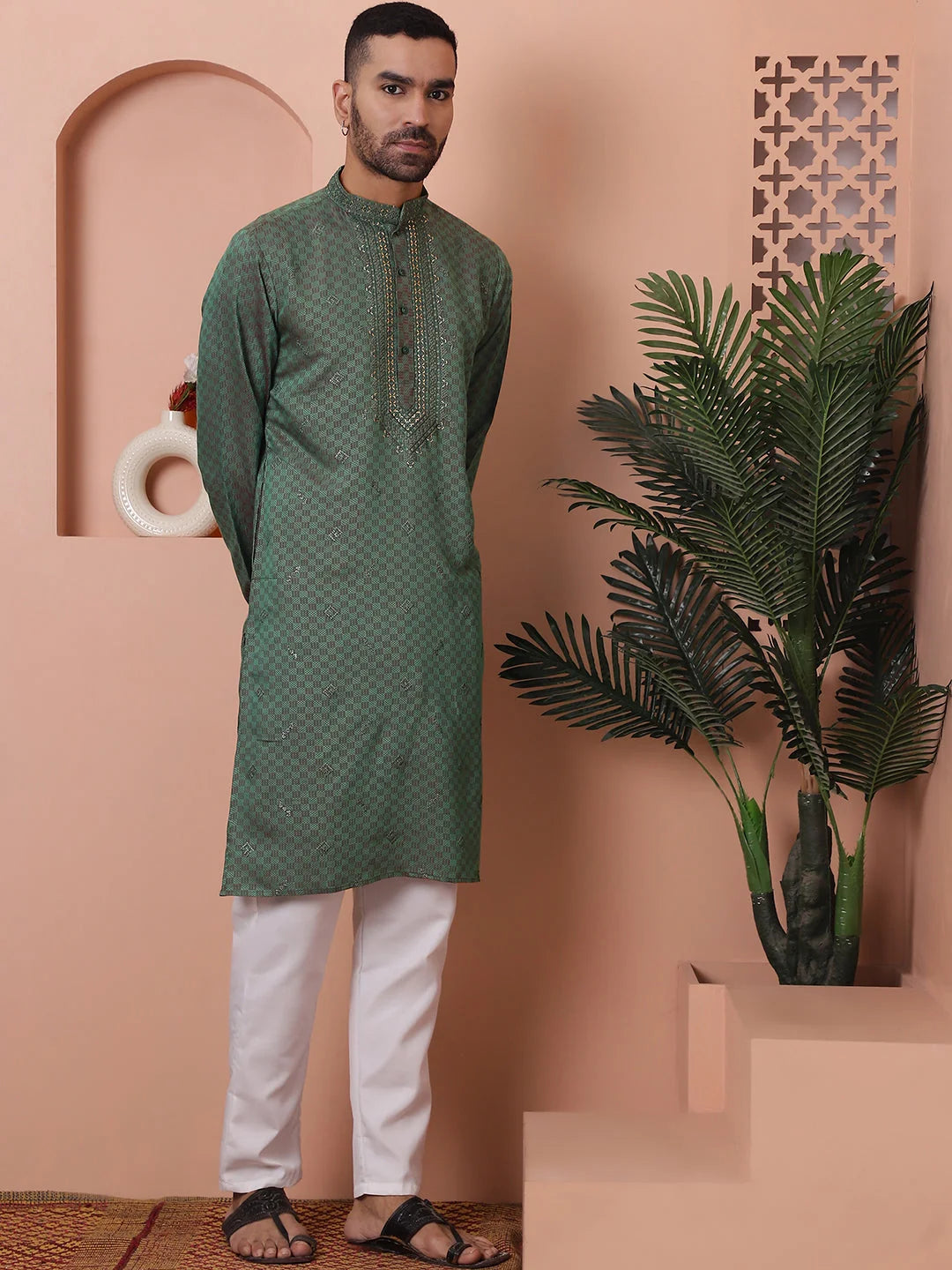 Green Embroidered Mens Kurta Pajama Set | Ethnic Outfit