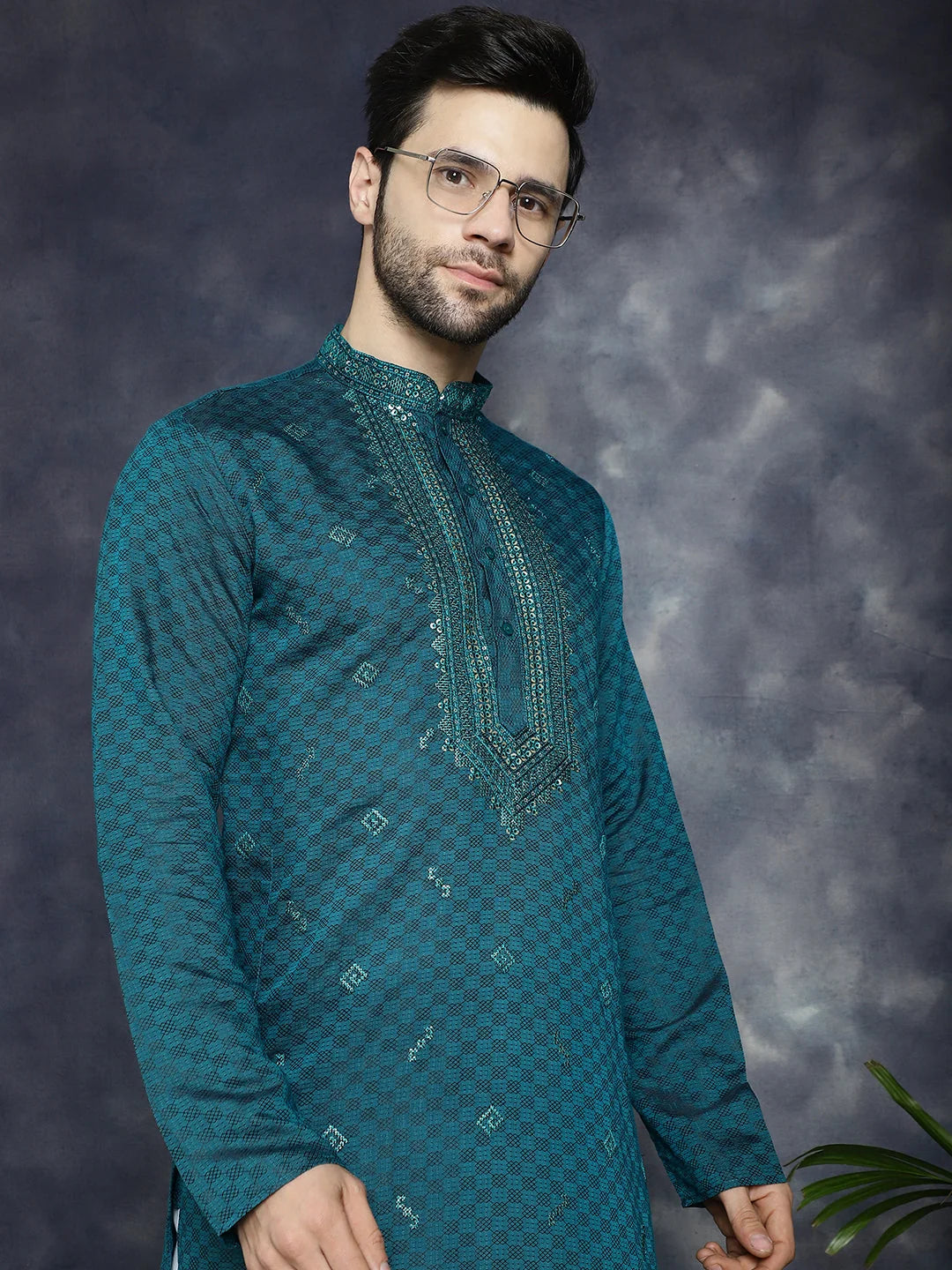 Teal Embroidered Mens Kurta Pajama Set | Elegant Pathani Style