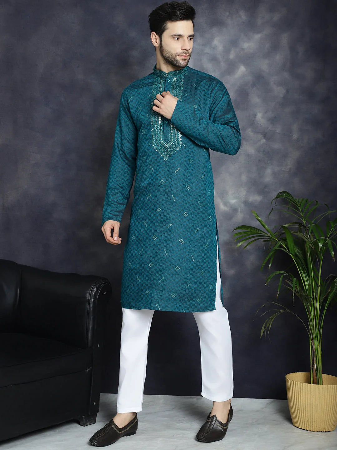Teal Embroidered Mens Kurta Pajama Set | Elegant Pathani Style