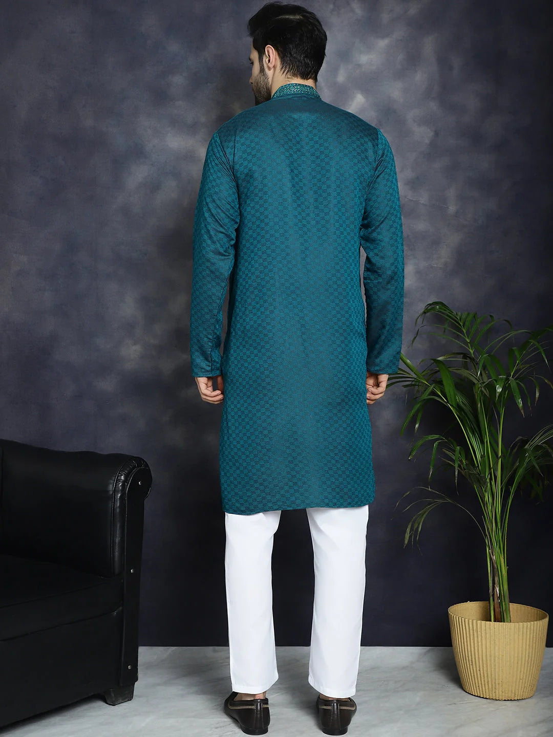Teal Embroidered Mens Kurta Pajama Set | Elegant Pathani Style