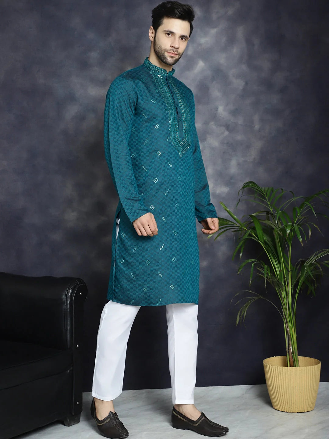 Teal Embroidered Mens Kurta Pajama Set | Elegant Pathani Style
