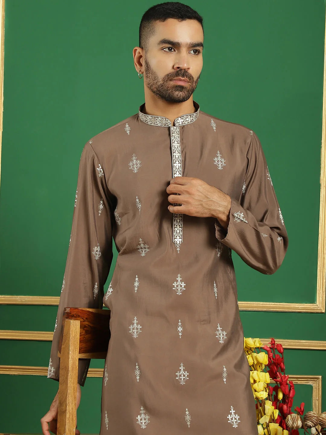 Brown Foil Printed Mens Kurta Pajama Set - Cotton Kurta