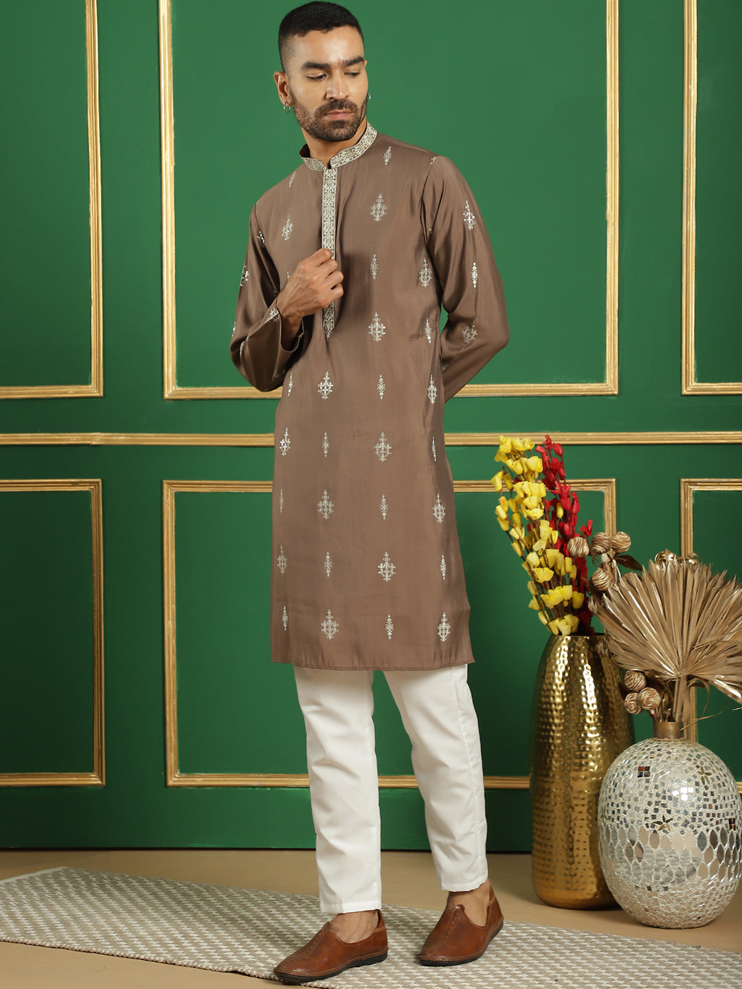 Brown Foil Printed Mens Kurta Pajama Set - Cotton Kurta