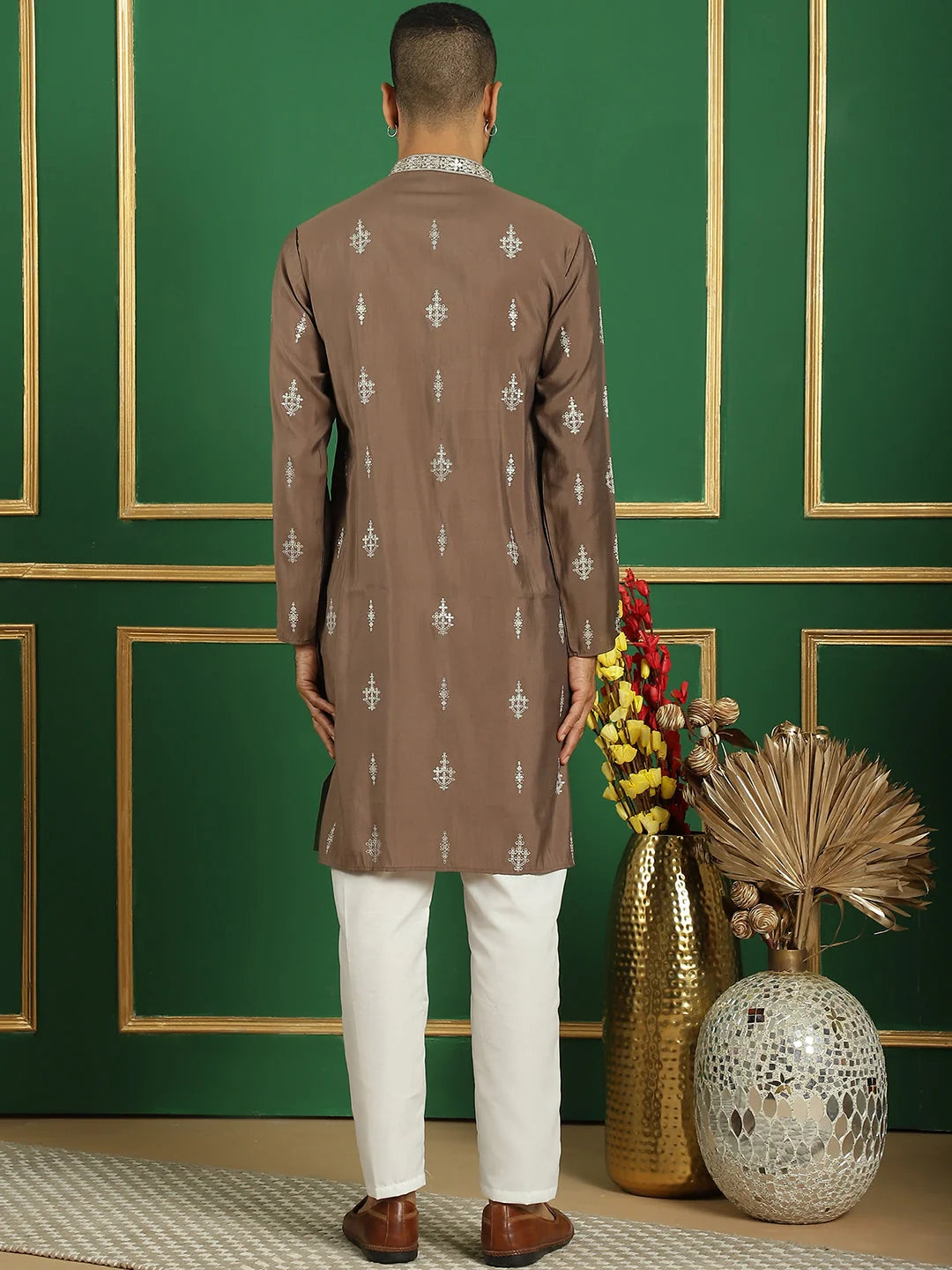 Brown Foil Printed Mens Kurta Pajama Set - Cotton Kurta