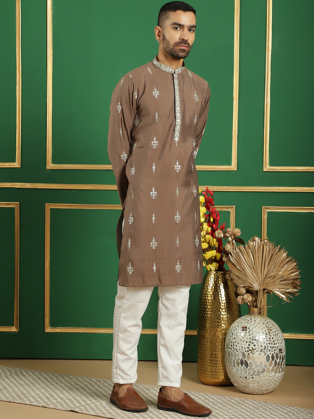 Brown Foil Printed Mens Kurta Pajama Set - Cotton Kurta