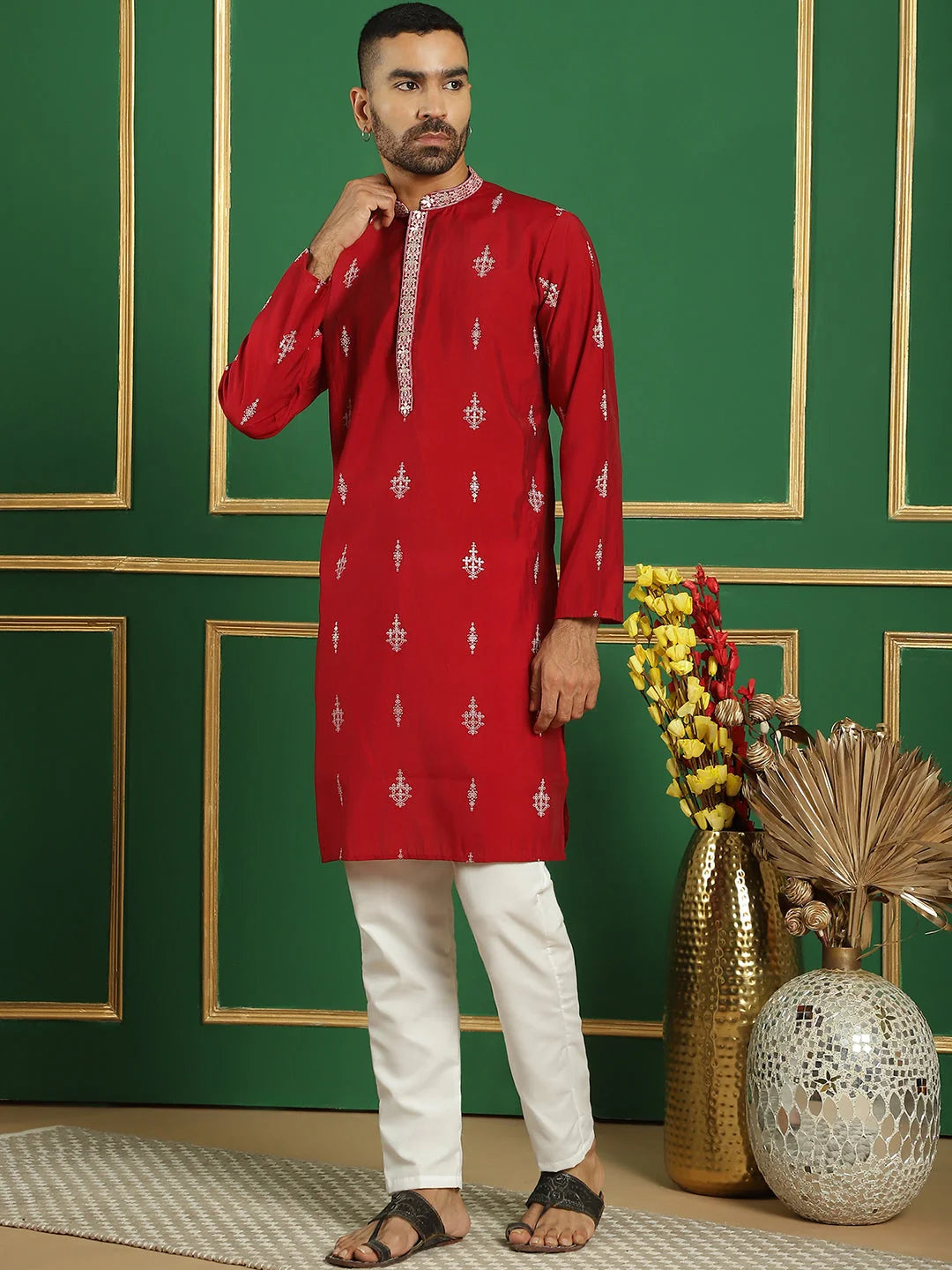 Maroon Printed Mens Kurta Pajama Set - Stylish Kurta Pajama