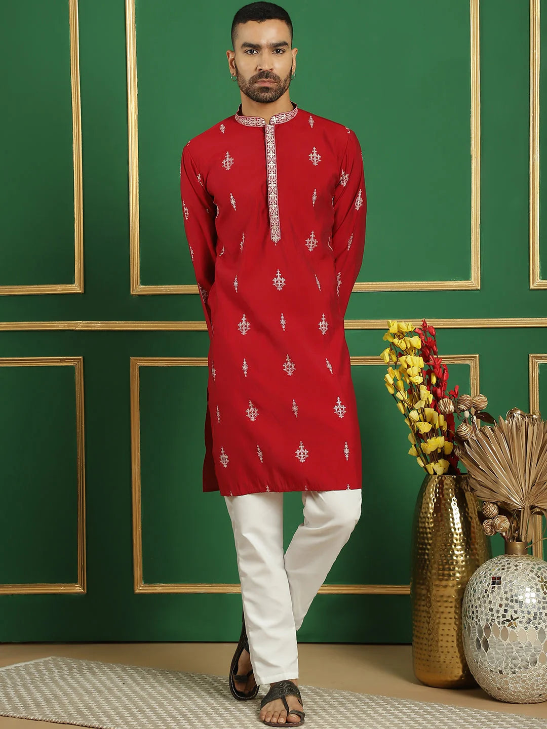 Maroon Printed Mens Kurta Pajama Set - Stylish Kurta Pajama