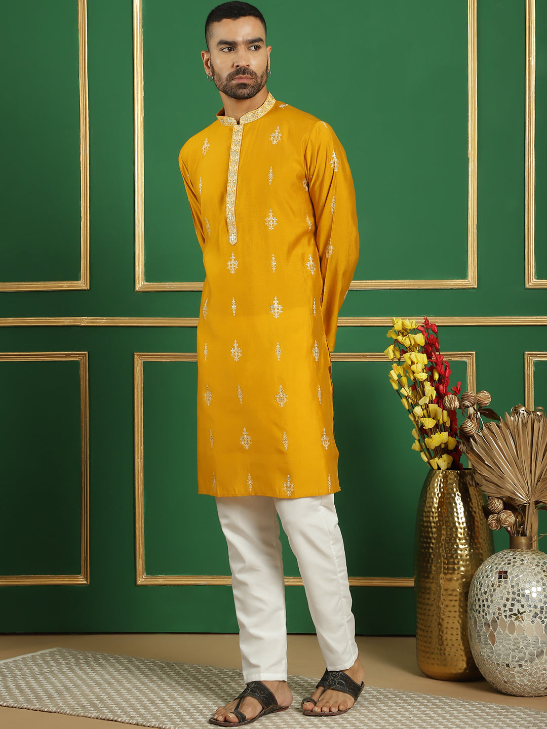 Mustard Foil Printed Mens Kurta Pajama Set - Silk Cotton Blend