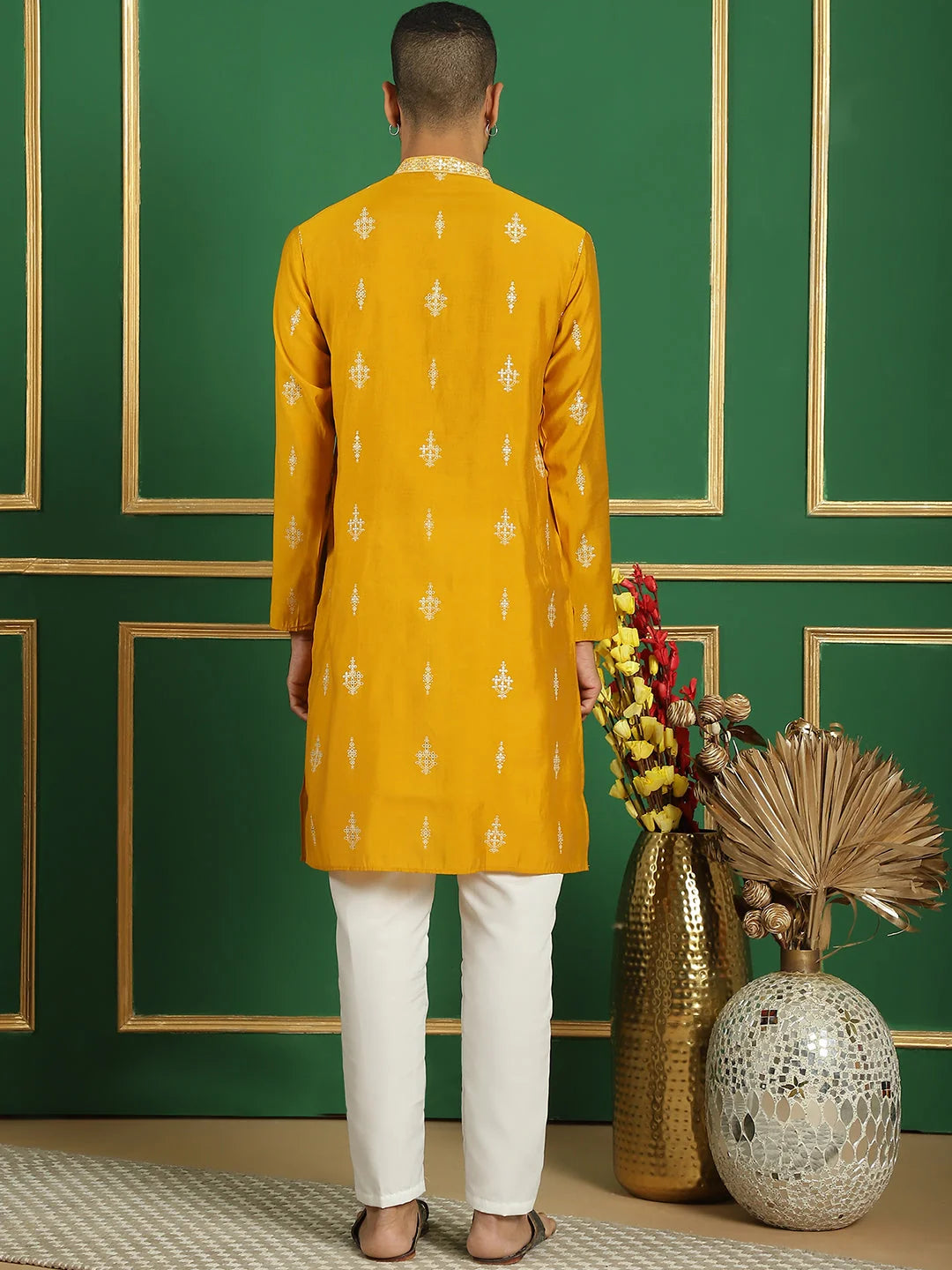 Mustard Foil Printed Mens Kurta Pajama Set - Silk Cotton Blend