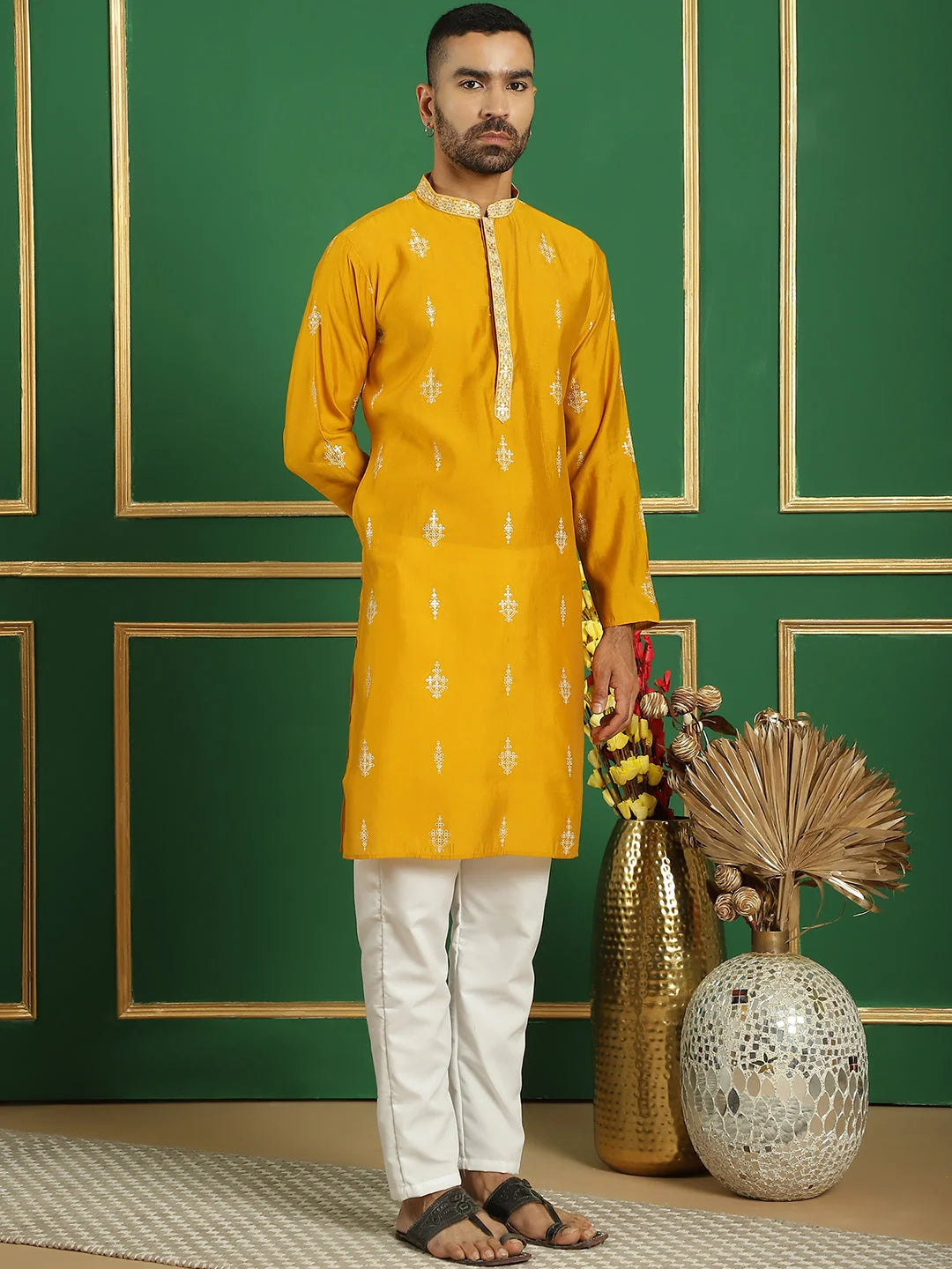 Mustard Foil Printed Mens Kurta Pajama Set - Silk Cotton Blend