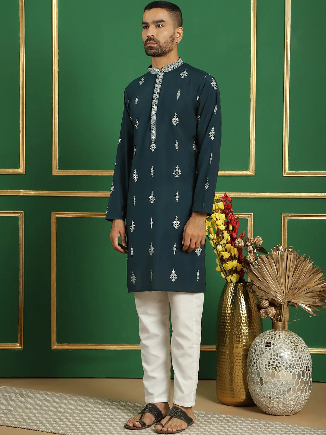 Teal Printed Kurta Pajama Set for Men | Stylish Cotton Kurta