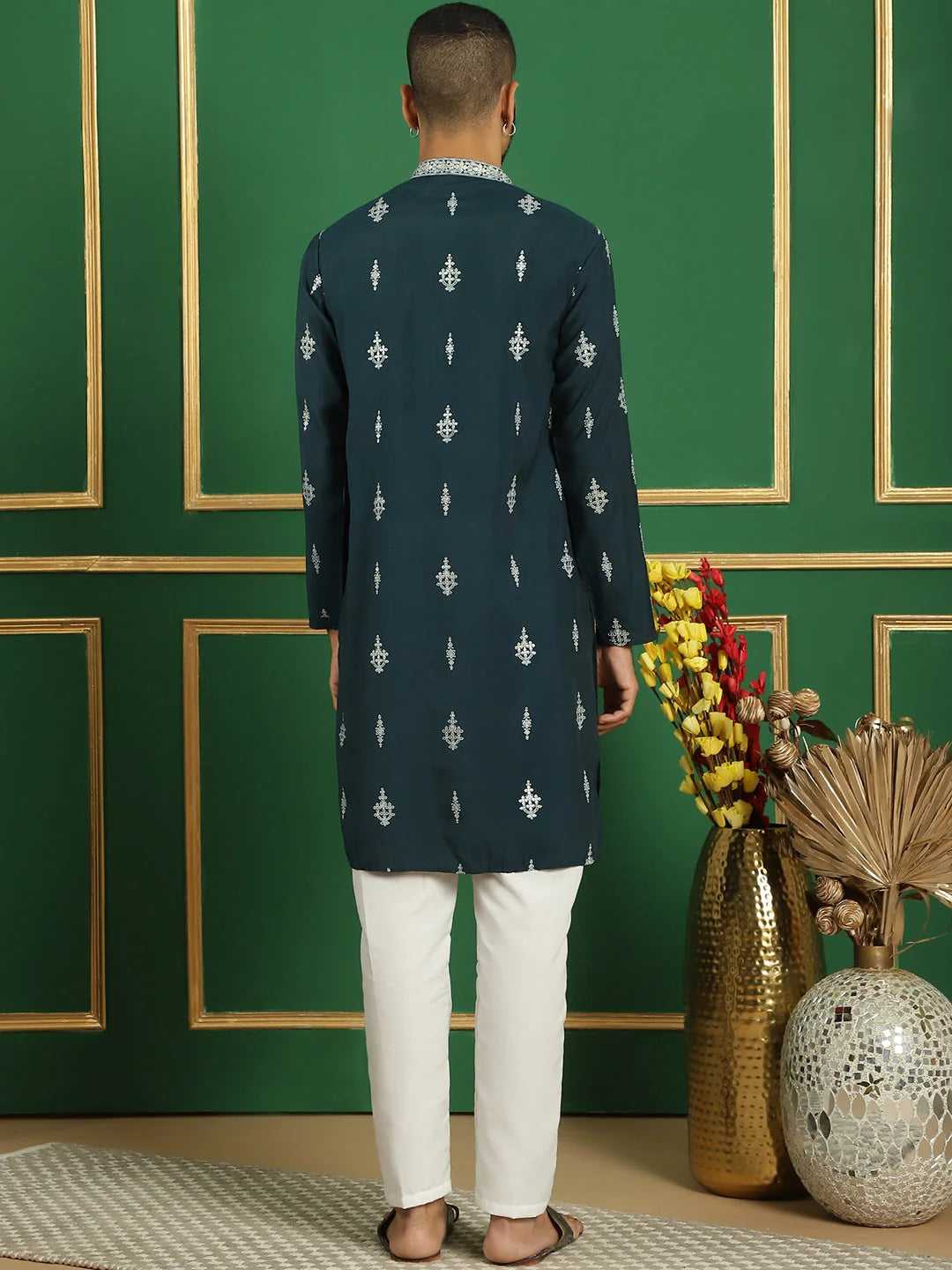 Teal Printed Kurta Pajama Set for Men | Stylish Cotton Kurta