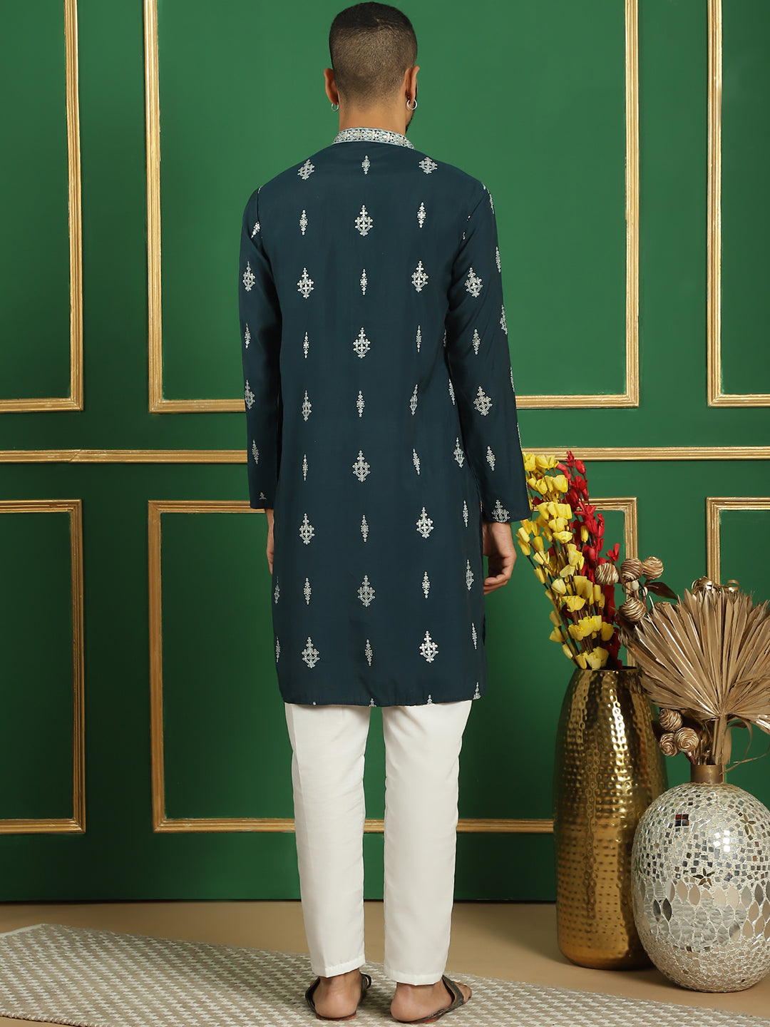 Teal Printed Kurta Pajama Set for Men | Stylish Cotton Kurta