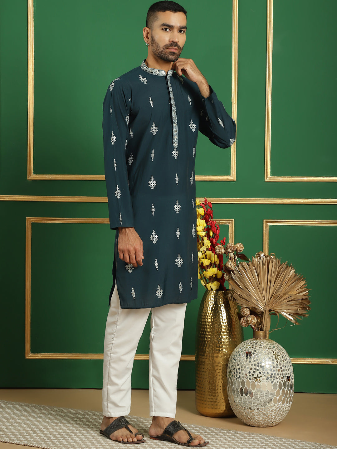 Teal Printed Kurta Pajama Set for Men | Stylish Cotton Kurta