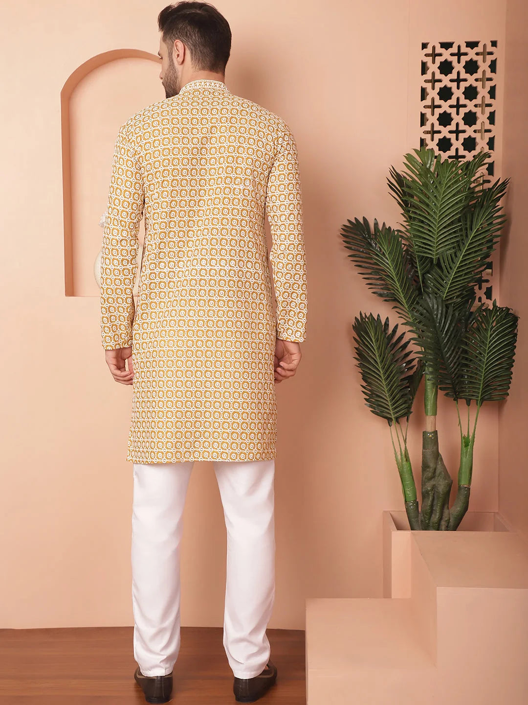Mustard Cotton Mens Kurta Pajama Set - Chikankari Embroidered
