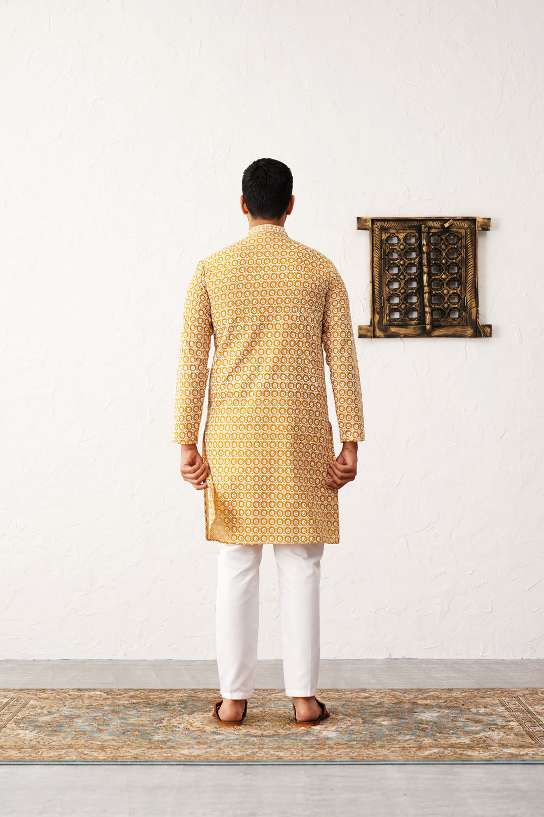 Mens Mustard Chikankari Kurta Pajama Set | Cotton Pathani
