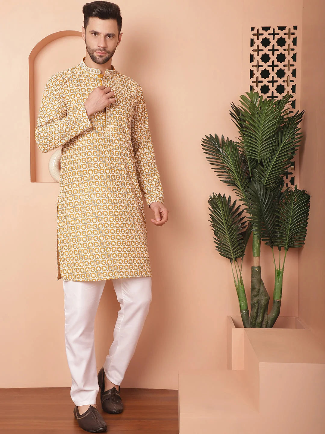 Mustard Cotton Mens Kurta Pajama Set - Chikankari Embroidered