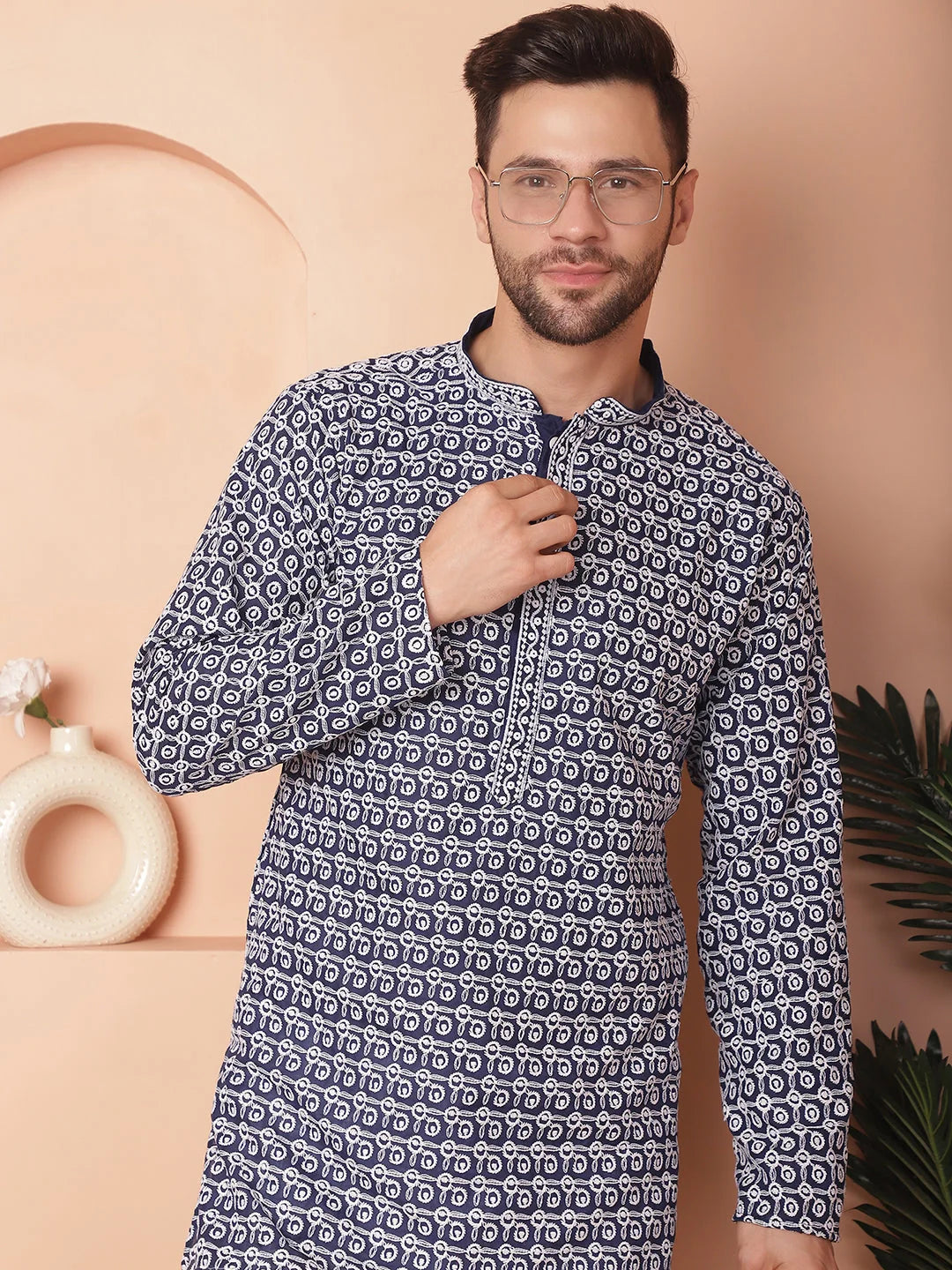 Navy Cotton Mens Kurta Pajama Set - Chikankari Embroidered