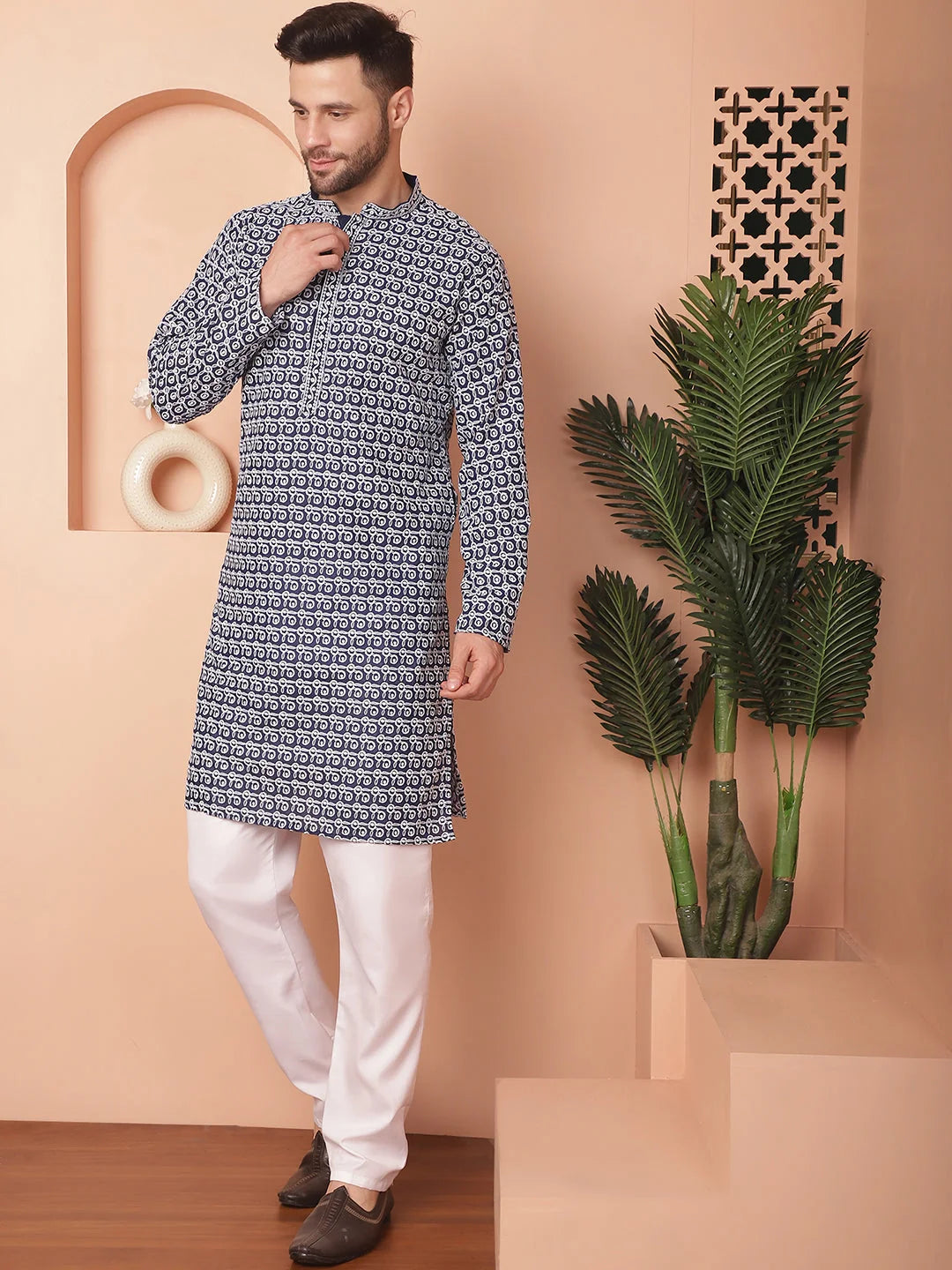 Navy Cotton Mens Kurta Pajama Set - Chikankari Embroidered