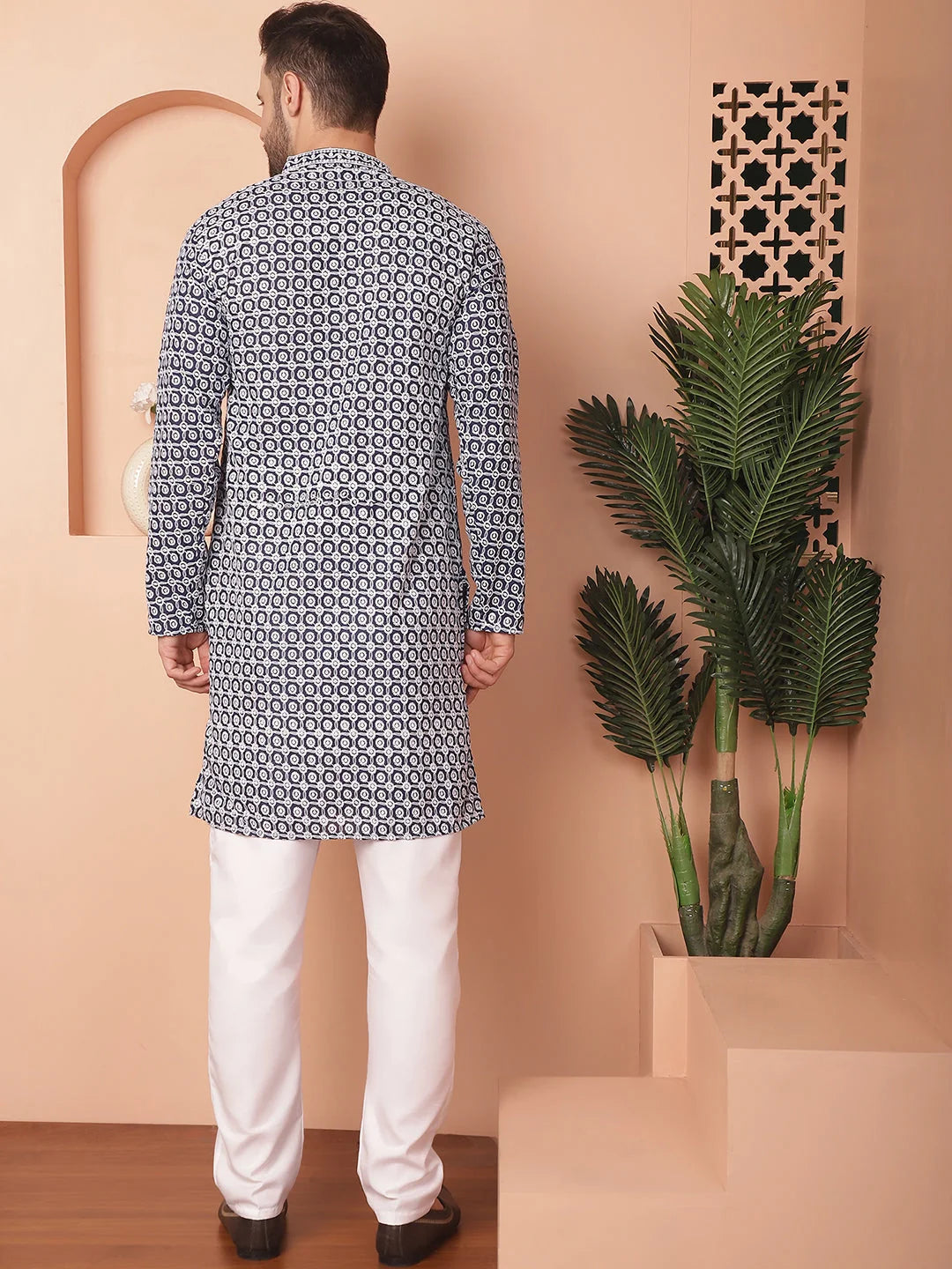 Navy Cotton Mens Kurta Pajama Set - Chikankari Embroidered
