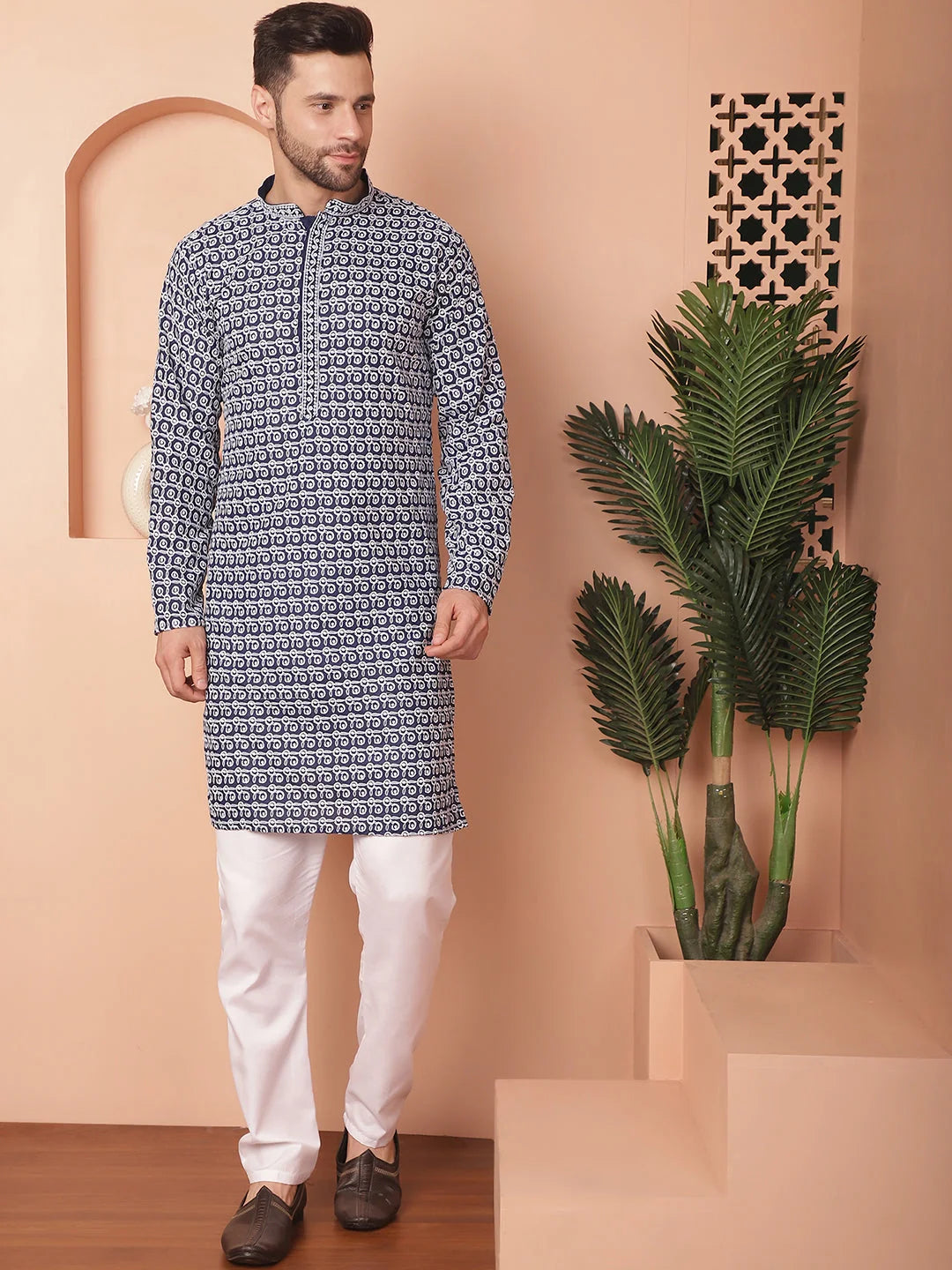 Navy Cotton Mens Kurta Pajama Set - Chikankari Embroidered