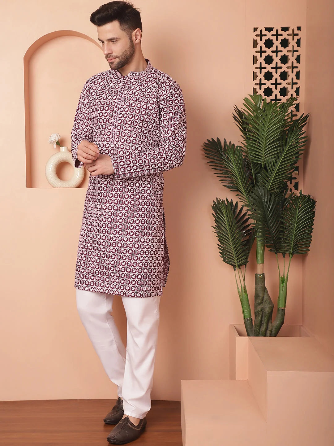 Purple Cotton Kurta Pajama Set | Chikankari Embroidered