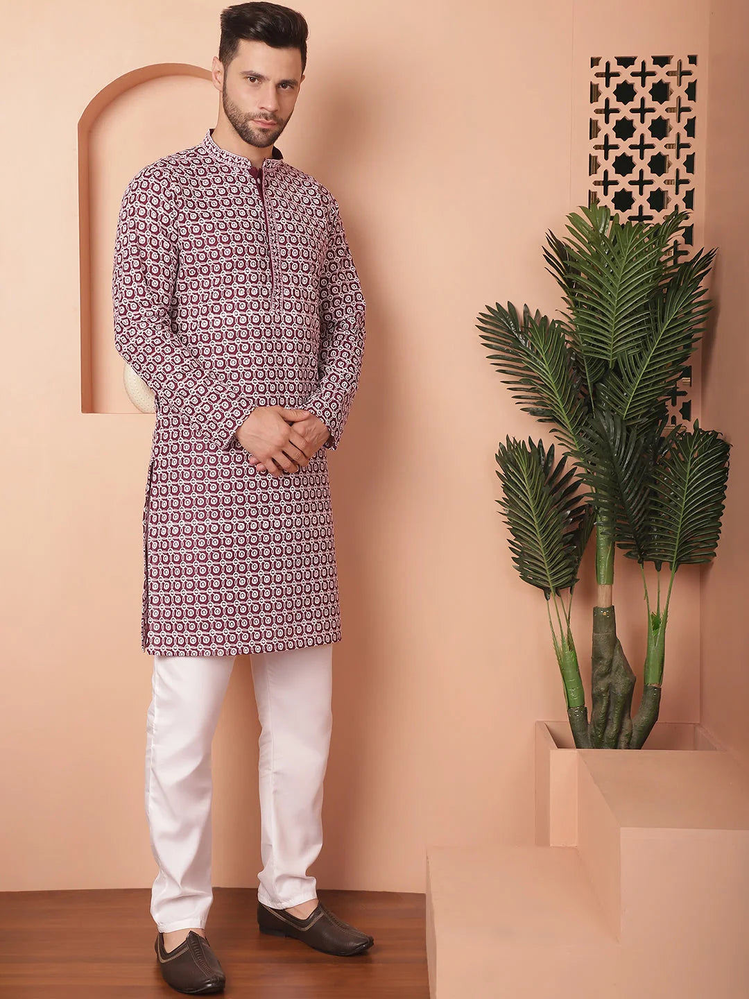 Purple Cotton Kurta Pajama Set | Chikankari Embroidered