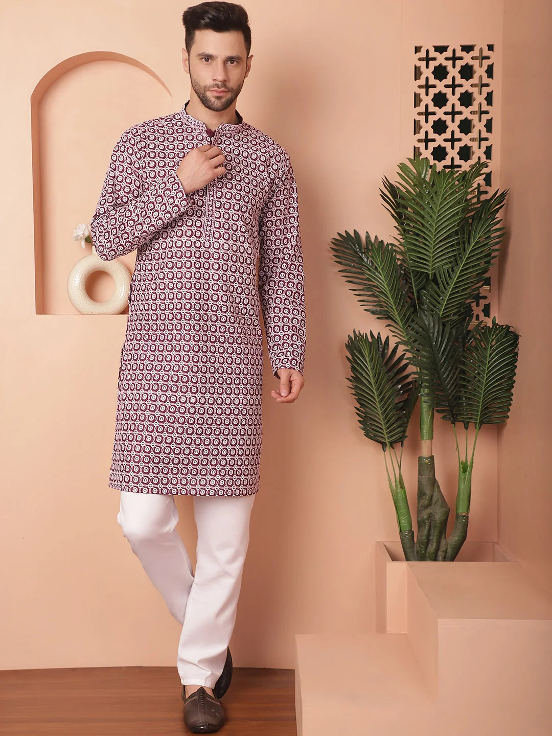 Purple Cotton Kurta Pajama Set | Chikankari Embroidered