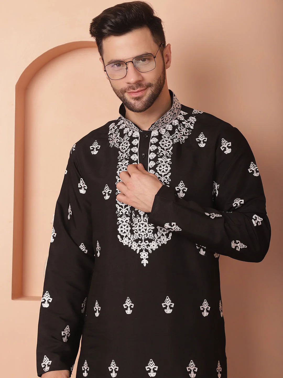 Men's Black Chikankari Embroidered Kurta With Pyjama-JOKP-P