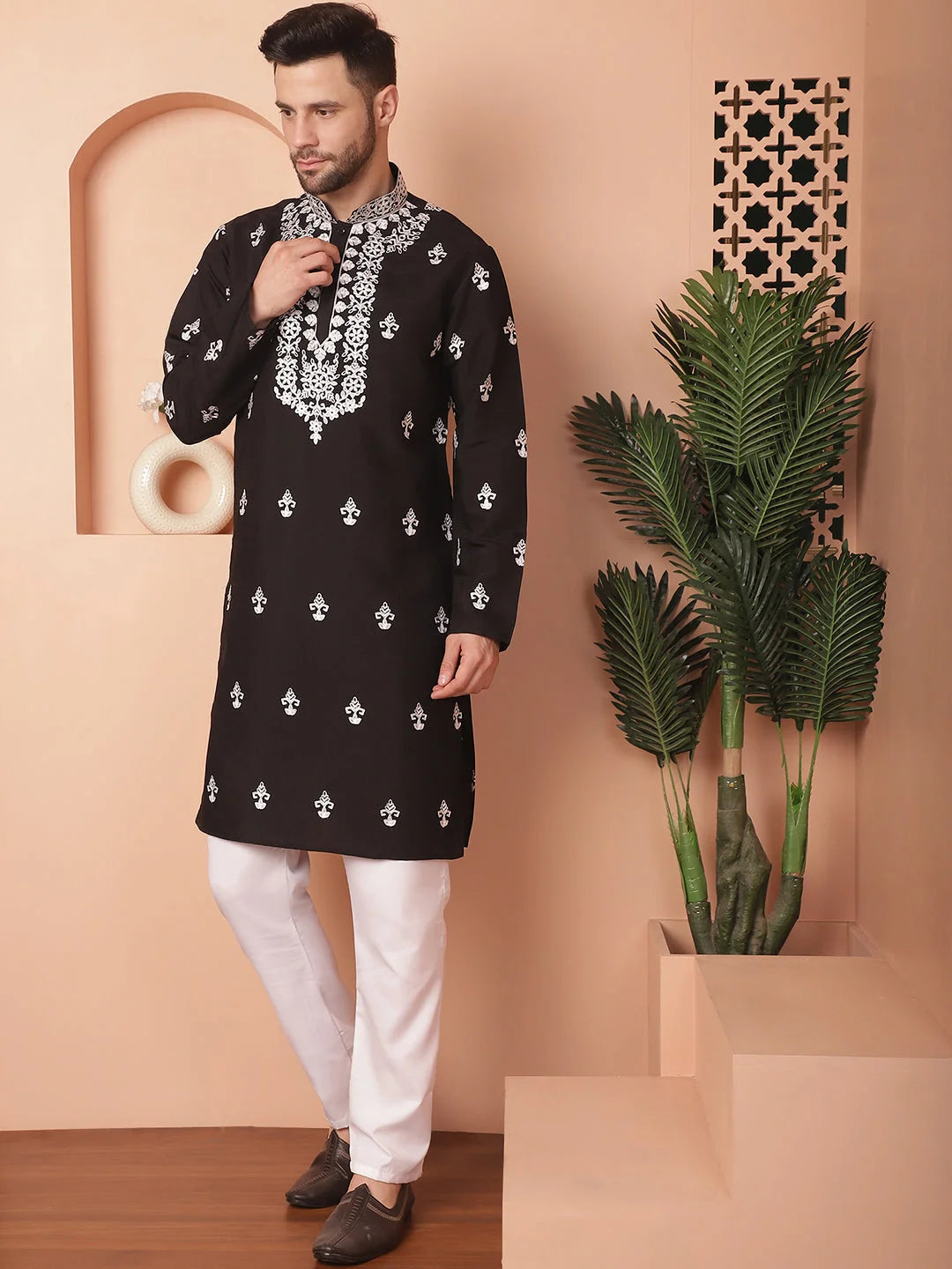 Black Chikankari Mens Kurta Pajama | Embroidered Cotton Set