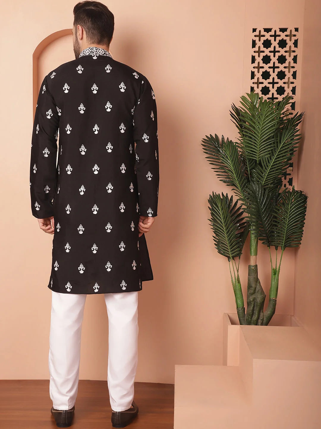 Black Chikankari Mens Kurta Pajama | Embroidered Cotton Set