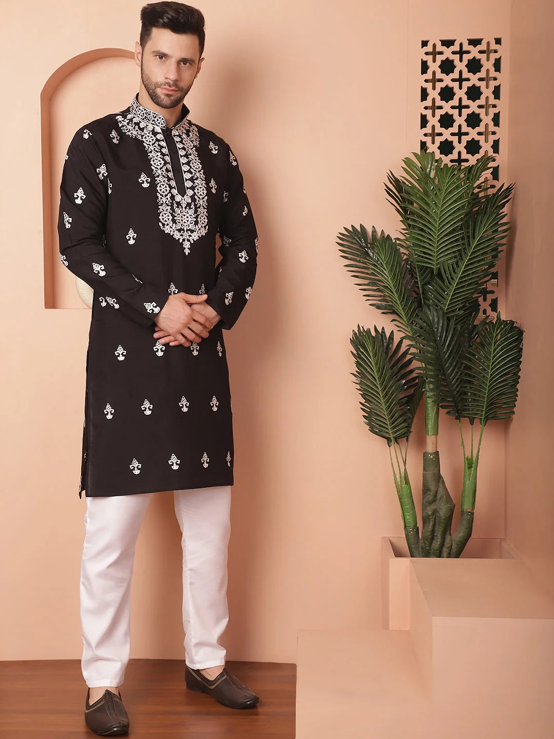 Black Chikankari Mens Kurta Pajama | Embroidered Cotton Set