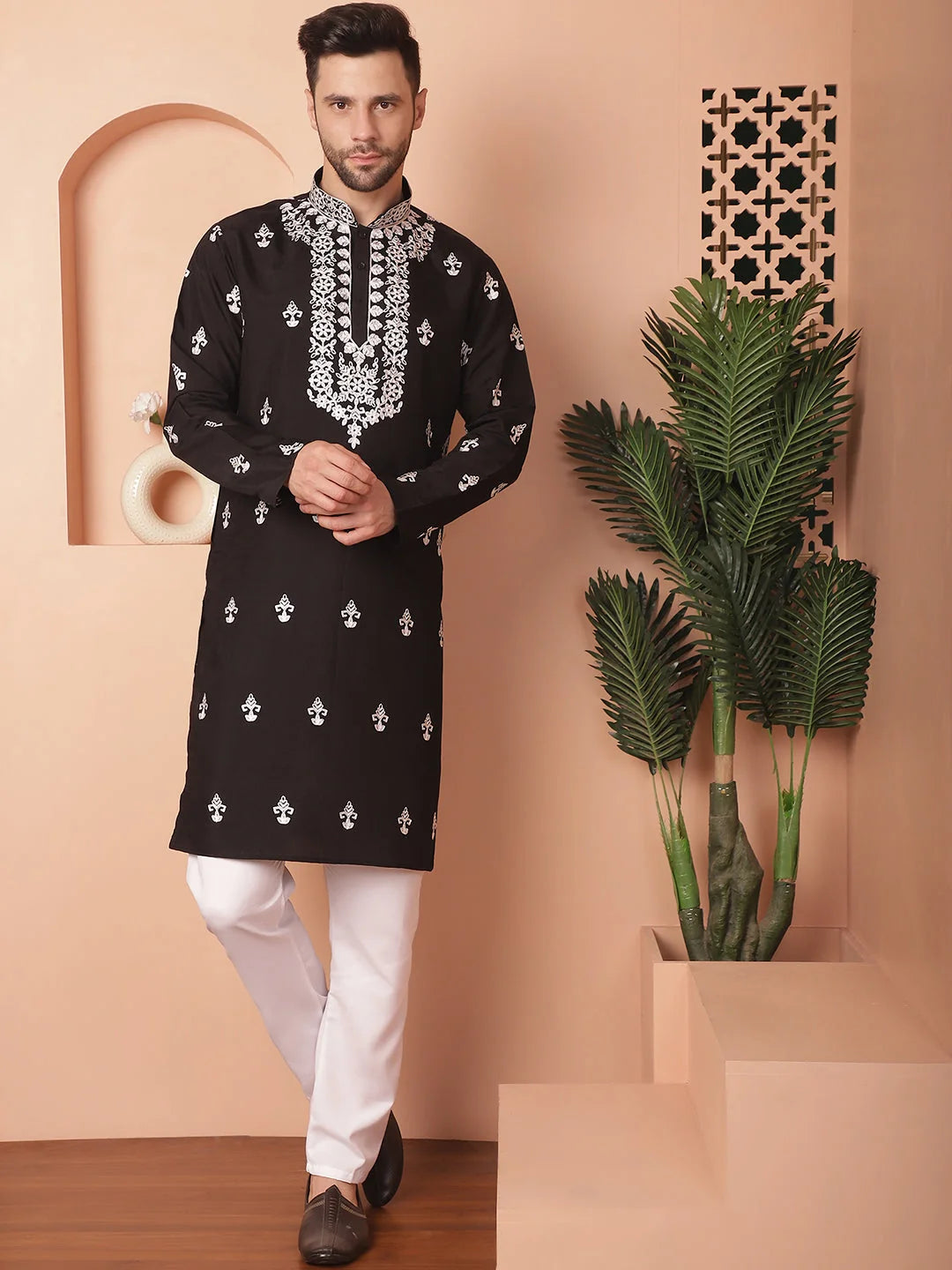 Black Chikankari Mens Kurta Pajama | Embroidered Cotton Set