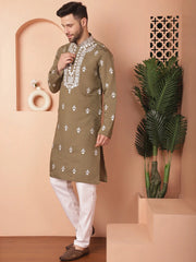 Men's Olive Chikankari Embroidered Kurta Fit With Pyjama-JOKP-P